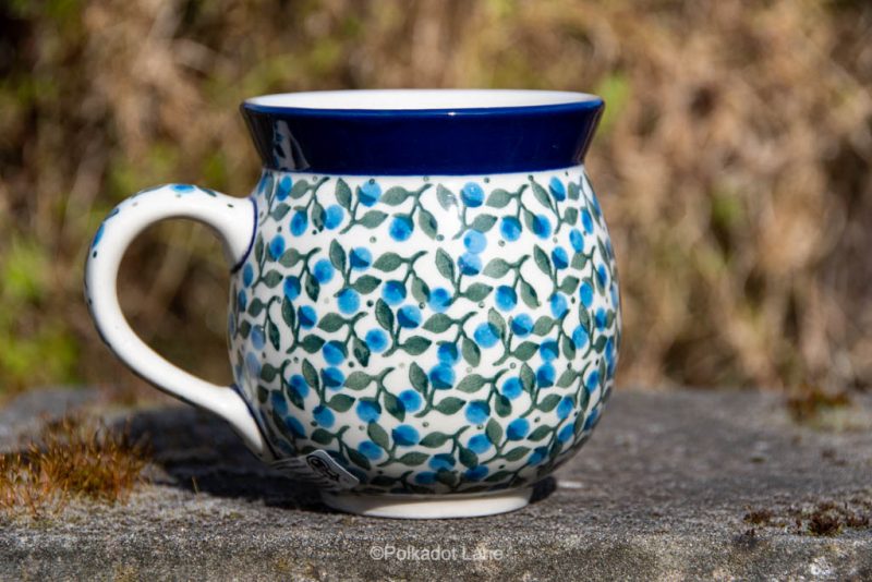 Polish Pottery Mug Blue Berry Leaf Pattern by Ceramika Artystyczna.