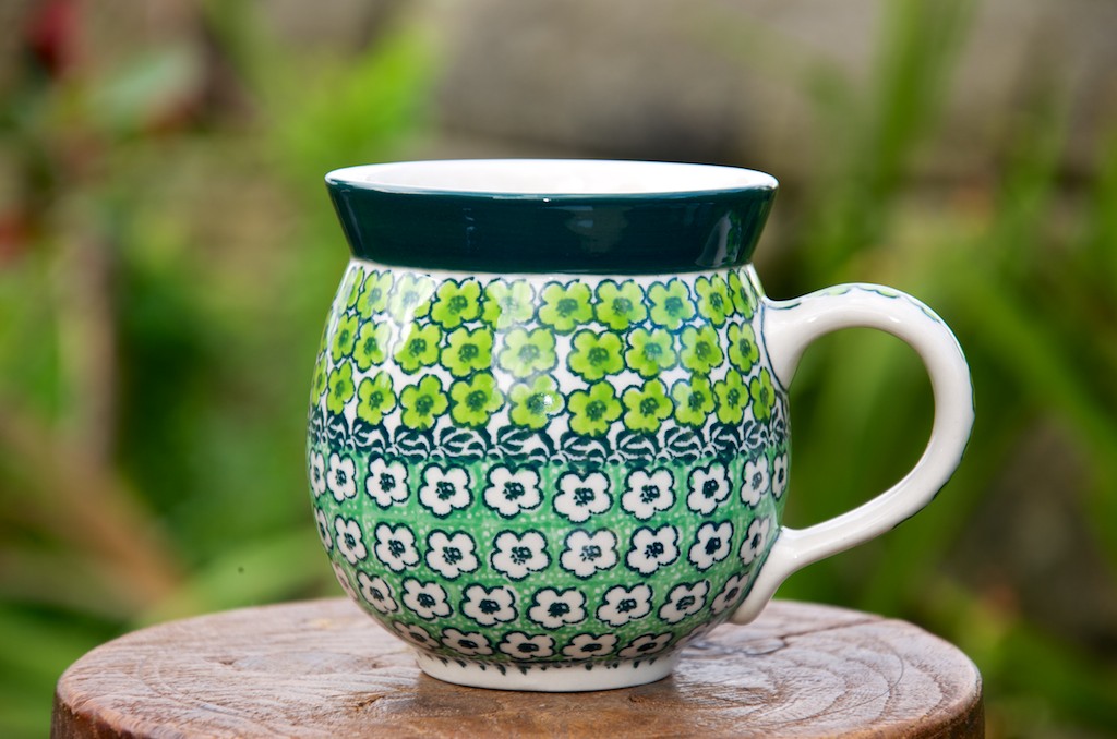 Polish Pottery Green Meadow pattern Round Mug Unikat