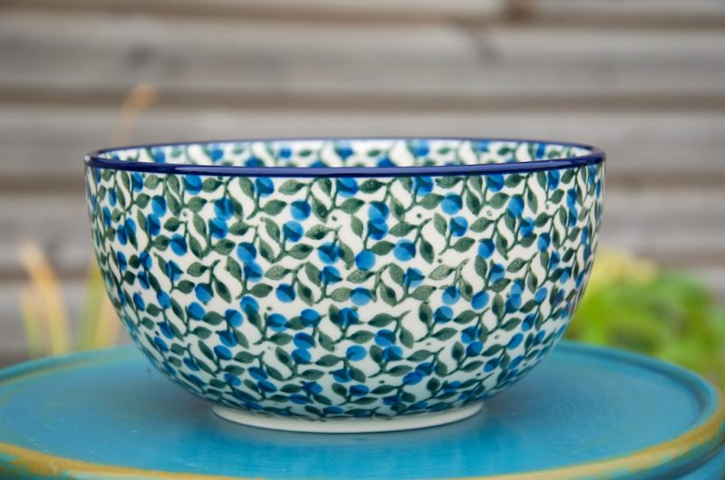 Polish Pottery Blue Berry Leaf Large Cereal Bowl