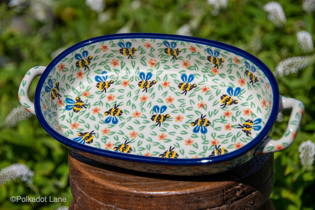 Bee Small Oval Serving Dish with Handles by Artystyczna Polish Pottery