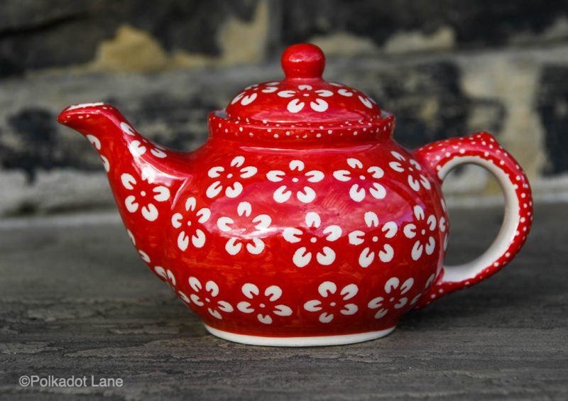 Polish Pottery White Flower on Red Small Teapot for one.