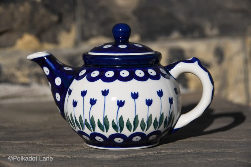 White Flower on Blue Teapot from Polkadot Lane UK Polish Pottery shop