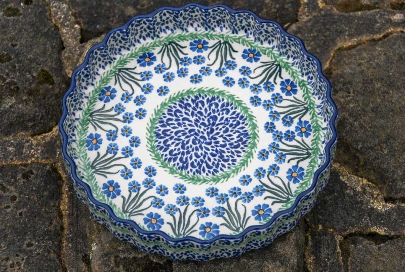 Ceramika Artystyczna Polish Pottery Flan Dish in Forget Me Not pattern.