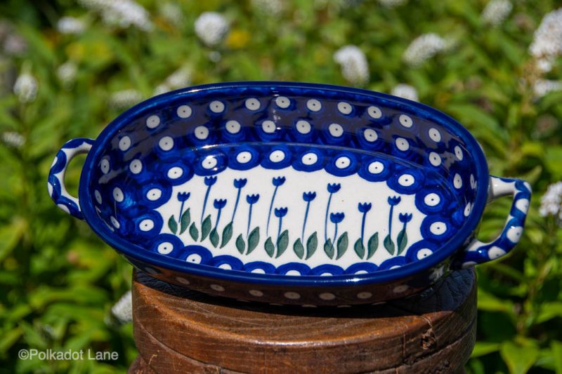 Small Oval Serving Dish with Handles Tulip Spot Pattern by Ceramika Artystyczna