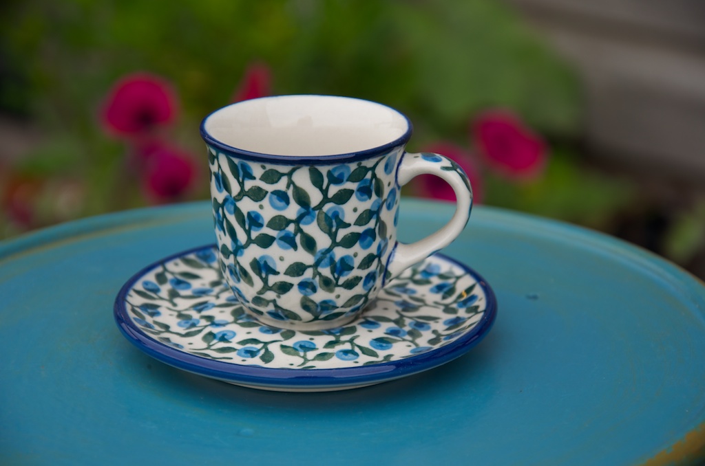 Polish Pottery Blue Berry Leaf Espresso Cup and Saucer by Artystyczna