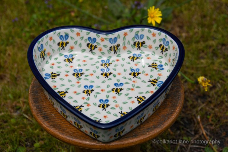 Polish Pottery Bee Pattern Shallow Heart Dish by Ceramika Artystyczna Bolesławiec