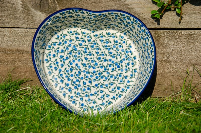 Blue Berry Leaf Heart Dish by Ceramika Artystyczna Polish Pottery. From Polkadot Lane UK