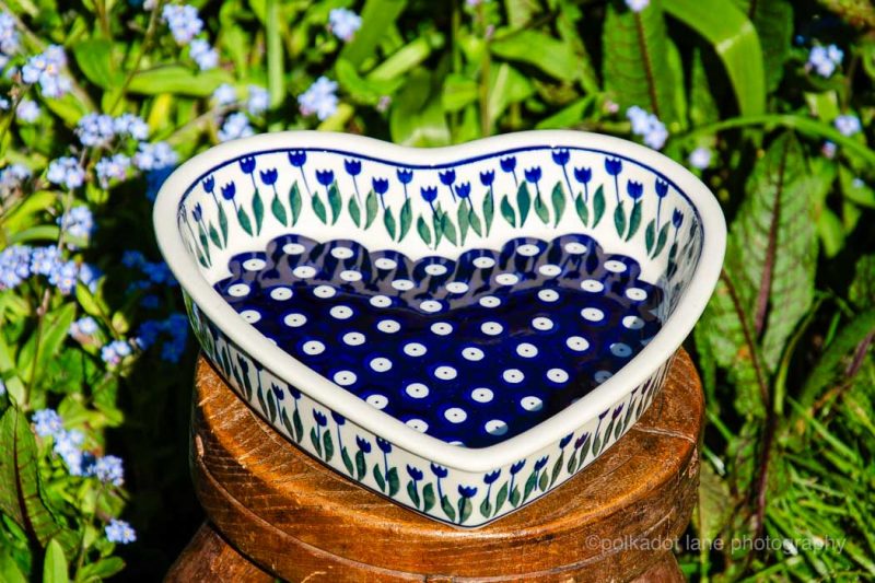 Polish Pottery Shallow Heart Dish Tulip Spot pattern by Ceramika Artystyczna.