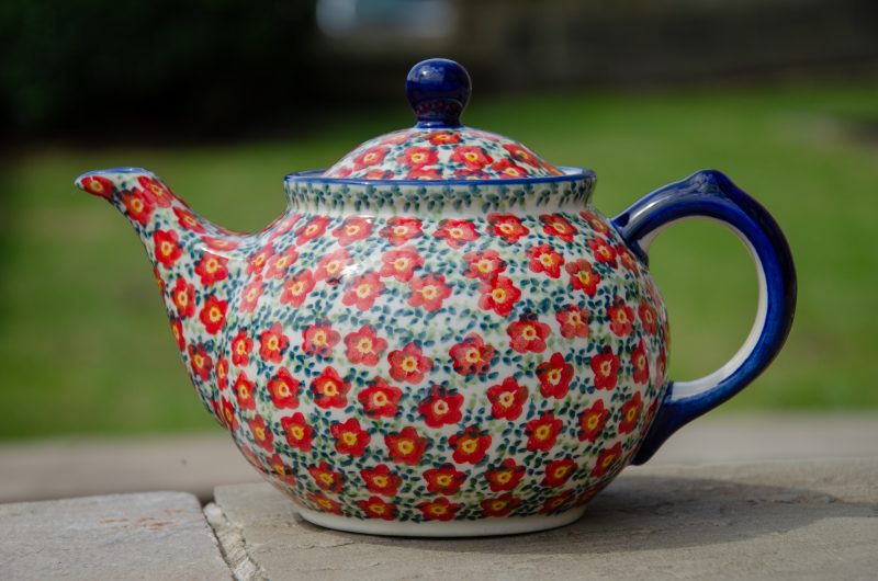 Polish Stoneware Pottery Ditzy Red Flower Unikat Teapot for 2 people