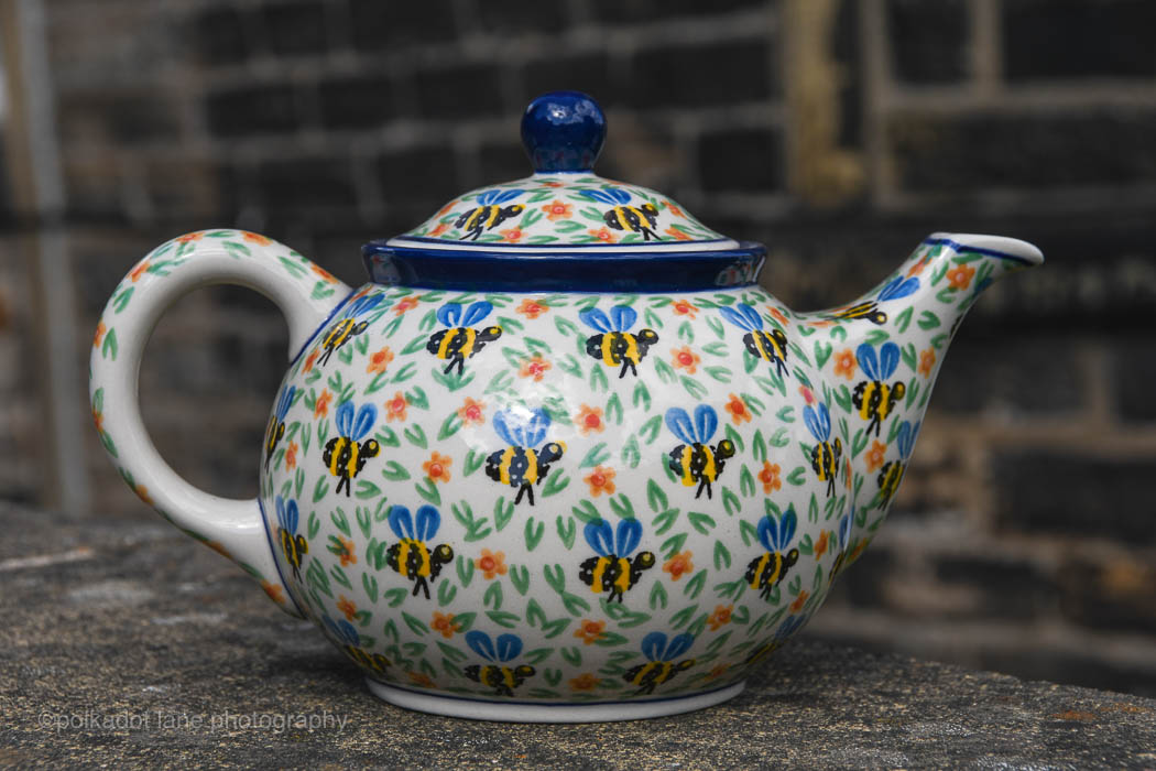 White Flower on Blue Teapot from Polkadot Lane UK Polish Pottery shop