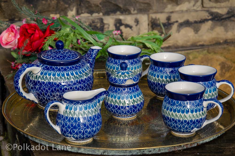 Tea Set Blue Tulip Ceramika Artystyczna Polish Pottery Polkadot Lane