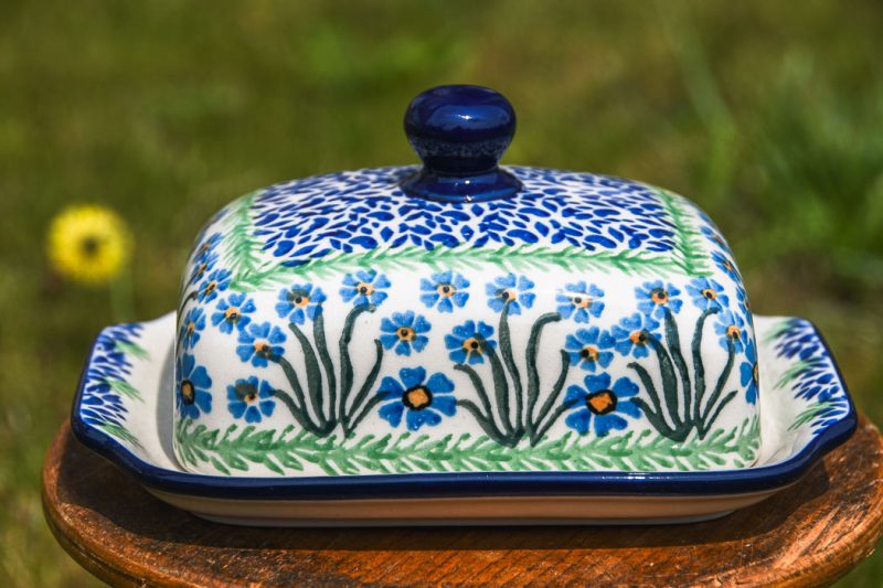 Polish Pottery Forget Me Not Butter Dish by Ceramika Artystyczna