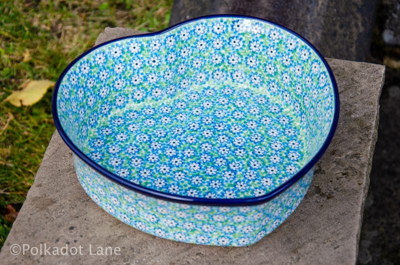 Turquoise Daisy Large Heart Dish by Ceramika Artystyczna Polish Pottery