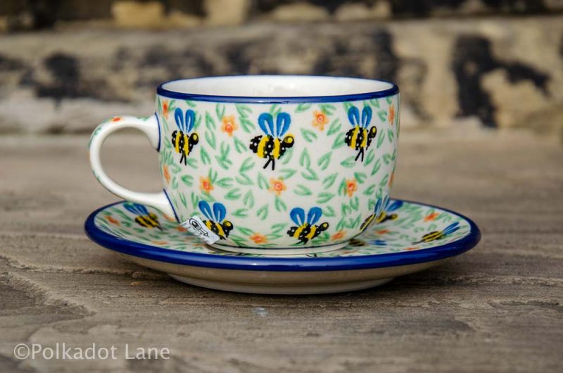 Polish Pottery Cup and Saucer Bee Pattern From Polkadot Lane UK