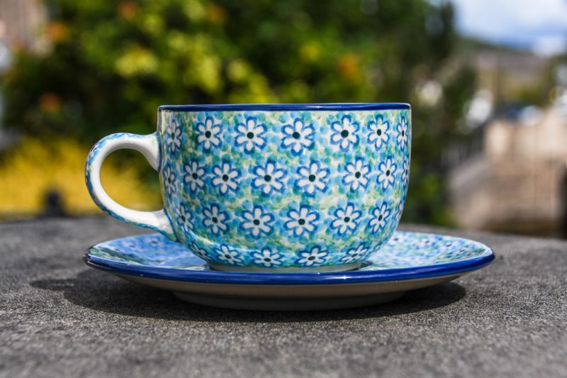 Polish Pottery Turquoise Daisy Cup and Saucer by Ceramika Artystyczna