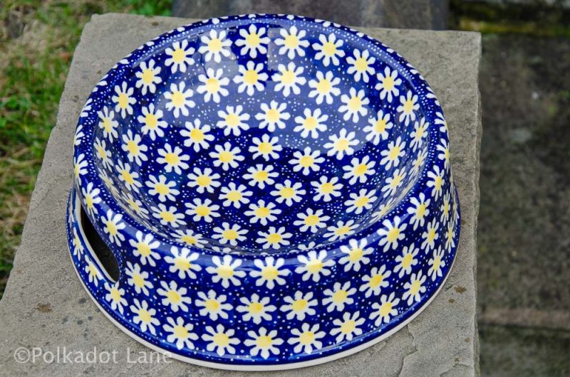 Polish Pottery Snow Daisy Dog Bowl by Ceramika Manufaktura