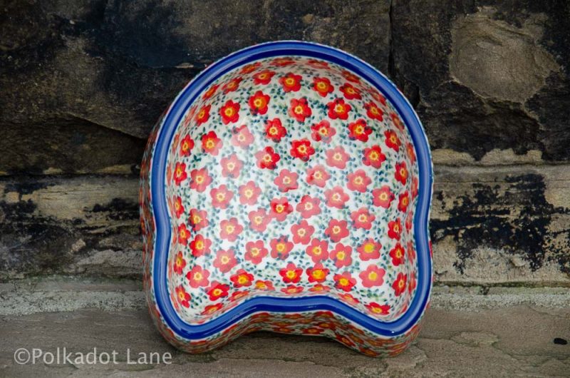 Ditzy Red Flower Cat Bowl from Polkadot Lane Polish Pottery