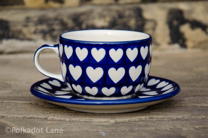 Polish Pottery Hearts Pattern Cup and Saucer