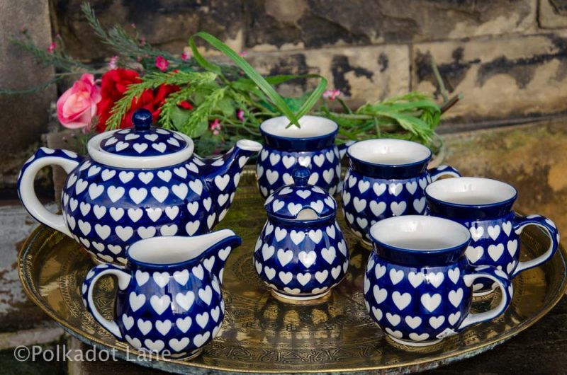 Polish Pottery Tea Set Hearts Pattern Ceramika Artystyczna from Polkadot Lane UK