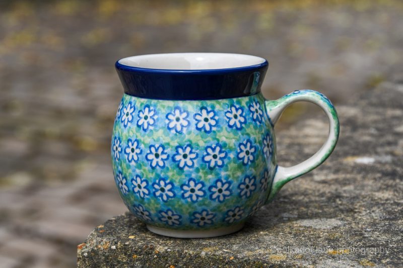 Polish Pottery Small Mug Turquoise Daisy Pattern by Ceramika Artystyczna