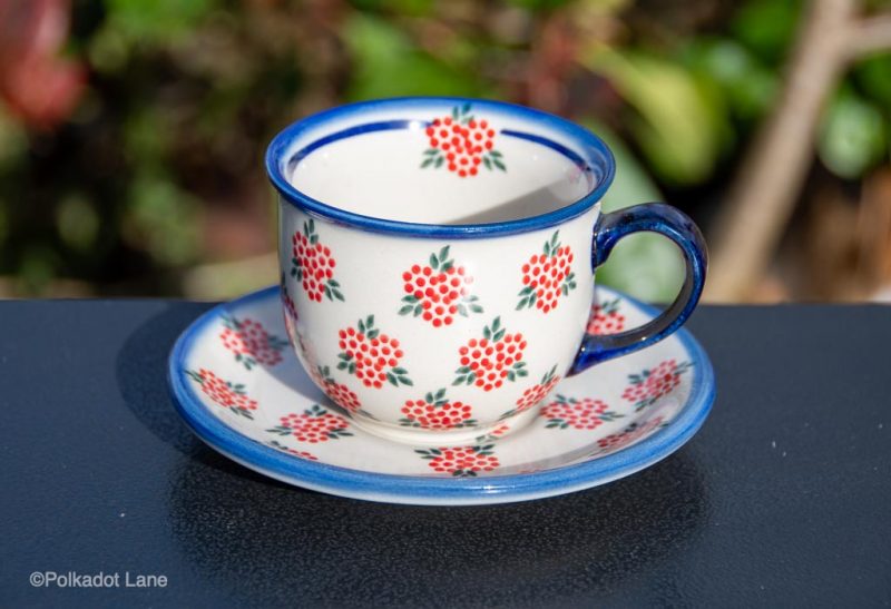 Polish Pottery Cup and Saucer Ditzy Flowers Red from Polkadot Lane UK