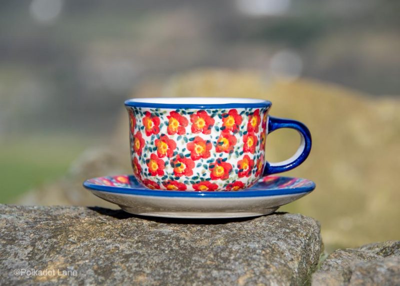 Polish Pottery Ditzy Red Flower Cup and Saucer from Polkadot Lane UK