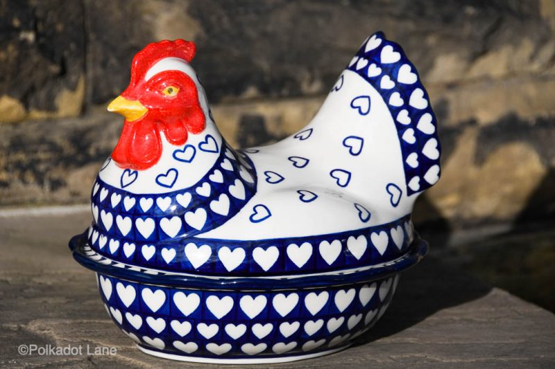 Hearts Pattern Hen Egg Container From Polkadot Lane Polish Pottery