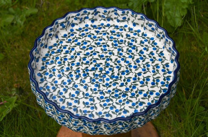 Polish Pottery Blue Berry Leaf Flan Dish by Ceramika Artystyczna