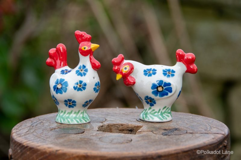 Polish Pottery Salt and Pepper Hens Forget Me Not by Ceramika Artystyczna
