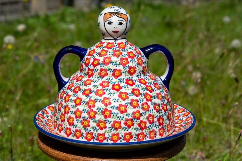 Polish Pottery Unikat Cheese Lady Ditzy Red Flowers pattern by Ceramika Manufaktura