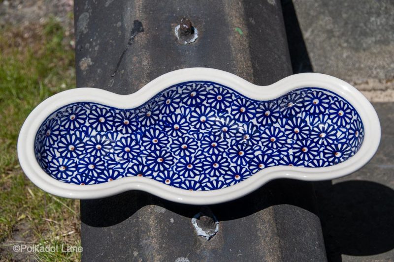 Large Blue Flower Three Section Wavy Shaped Dish from Polkadot Lane Polish Pottery