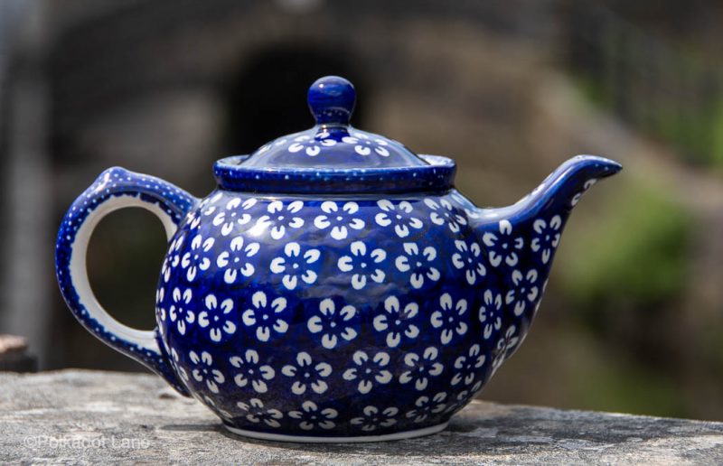 Polish Pottery Teapot White Flower on Blue from Polkadot Lane UK