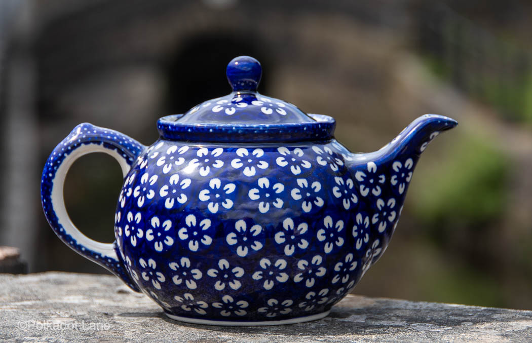 White Flower on Blue Teapot from Polkadot Lane UK Polish Pottery shop