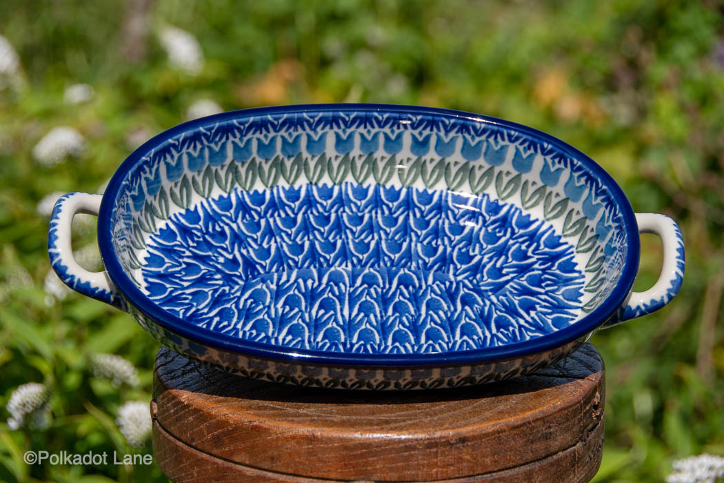 Blue Tulip Small Oval Dish with Handles tableware - Polkadot Lane