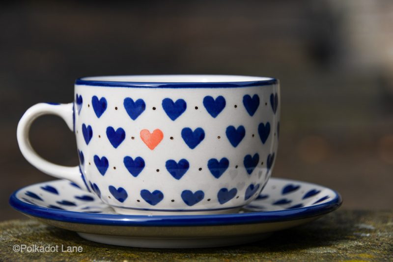 Polish Pottery Small Hearts Pattern Cup and Saucer by Ceramika Artystyczna