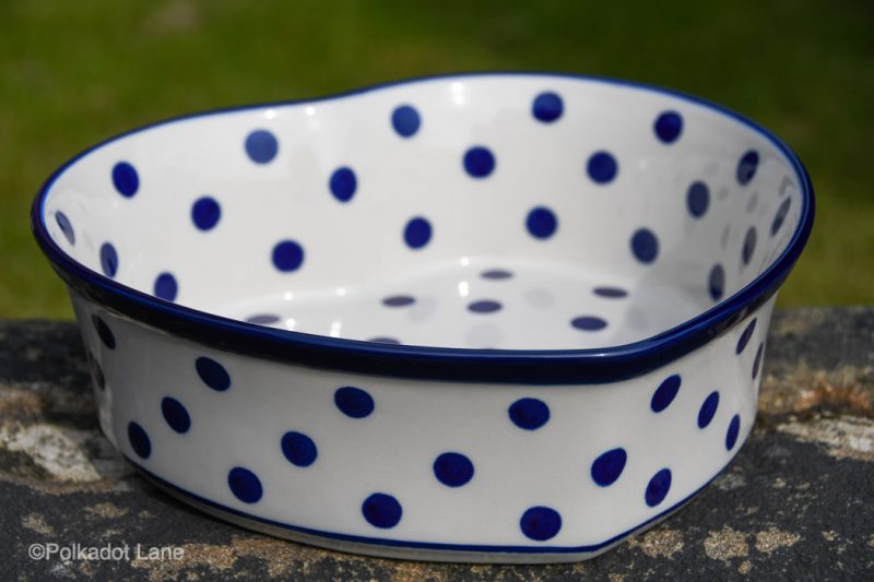 Polish Pottery Blue Spots on White Heart Dish from Polkadot Lane UK