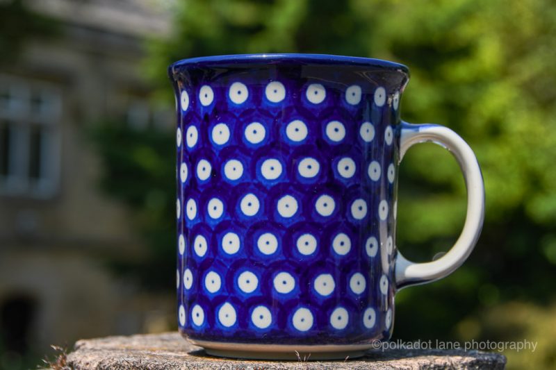 Large Tea Mug Polkadot Blue pattern by Ceramika Artystyczna Polish Pottery