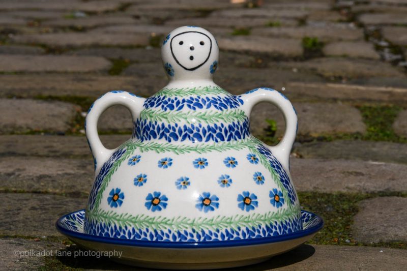 Polish Pottery Cheese Lady in Forget Me Not Pattern from Polkadot Lane UK