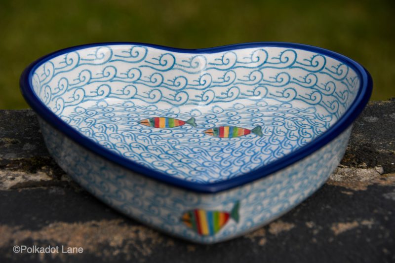 Fish in the Sea shallow Heart Dish from Polkadot Lane importers of Ceramika Artystyczna Polish Pottery