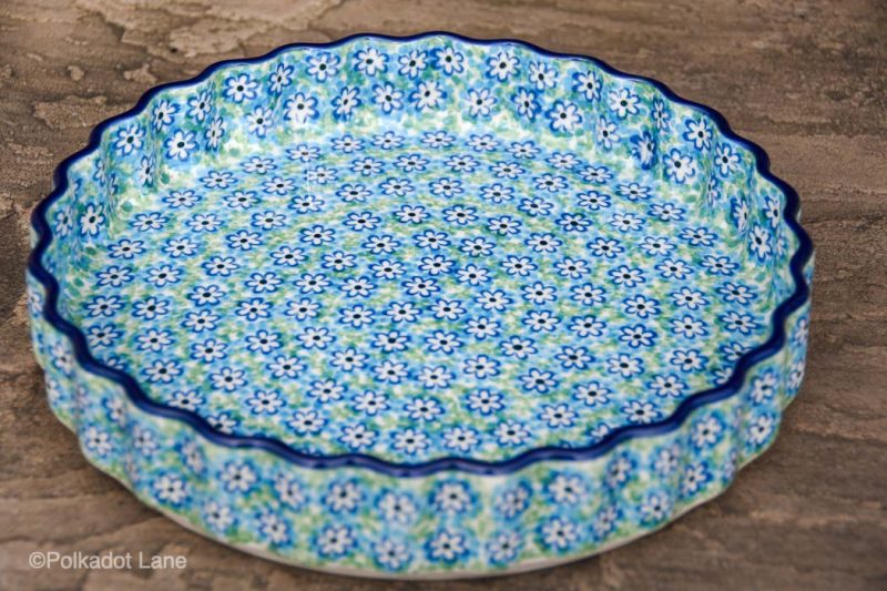 Turquoise Daisy Flan Dish by Ceramika Artystyczna Polish Pottery