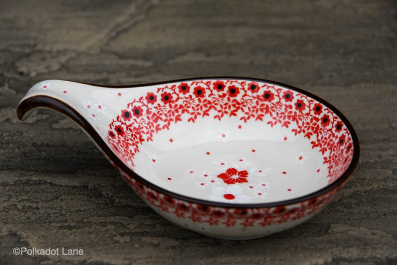 Red and White Flower Nibble Dish from Polkadot Lane Polish Pottery