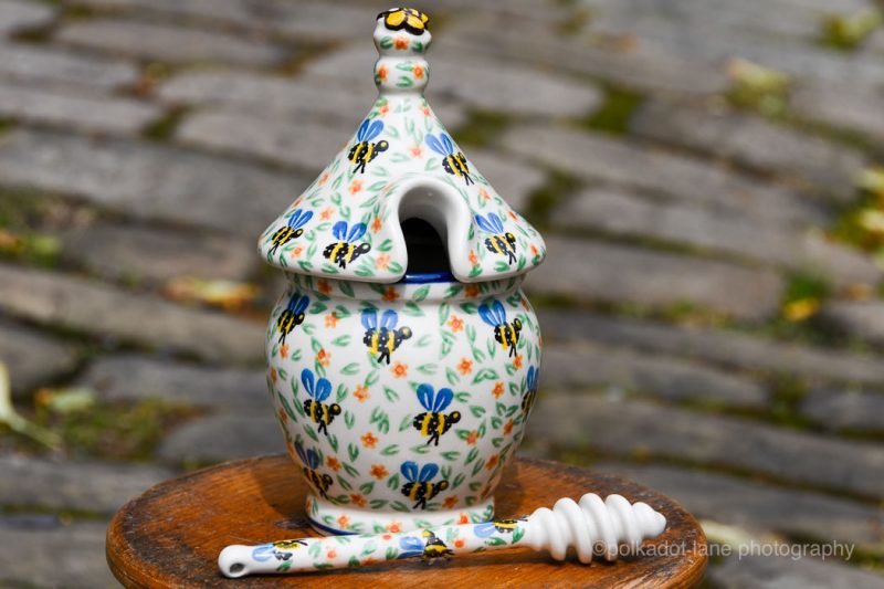 Polish Pottery Bee Pattern Honey Pot and Drizzler by Ceramika Artystyczna