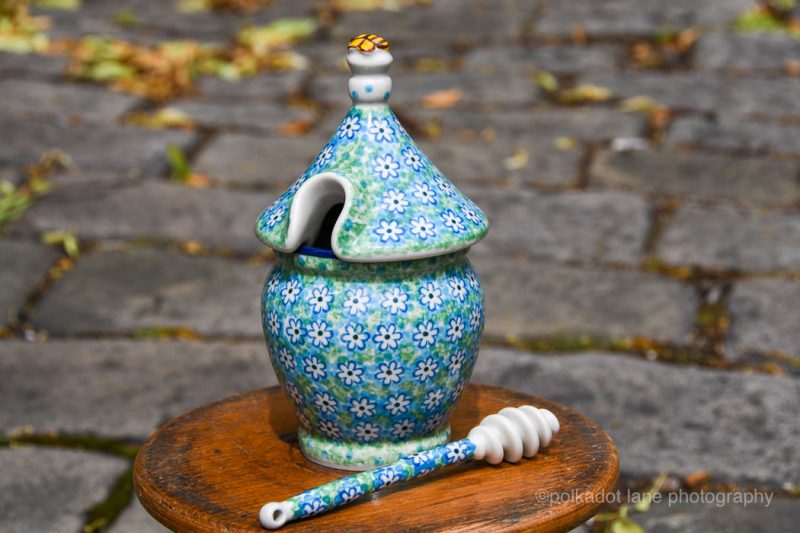 Polish Pottery Turquoise Daisy Honey Pot by Ceramika Artystyczna