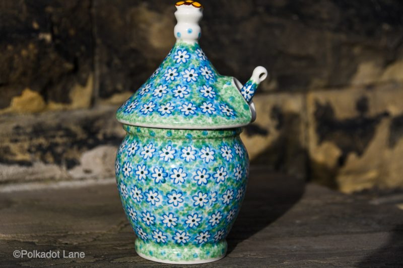Turquoise Daisy Honey Pot and Honey Drizzler by Ceramika Artystyczna Polish pottery