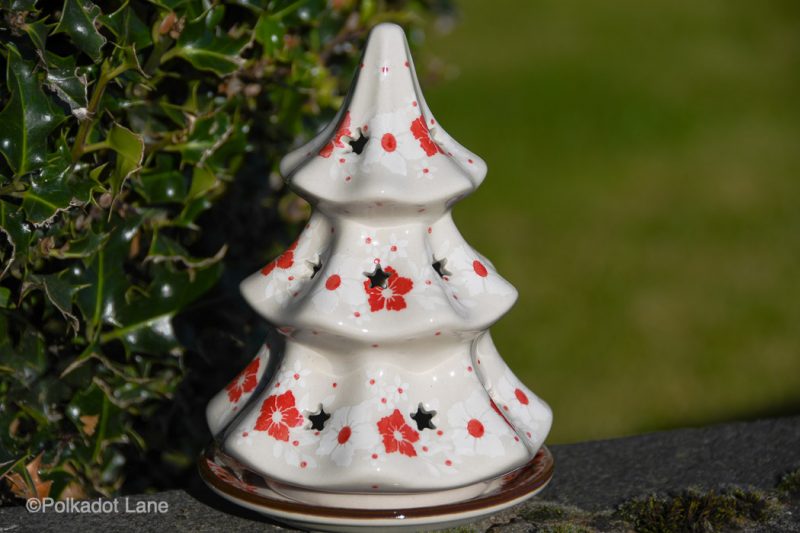Polish Pottery Ceramic Christmas Tree Red and White Flower Pattern
