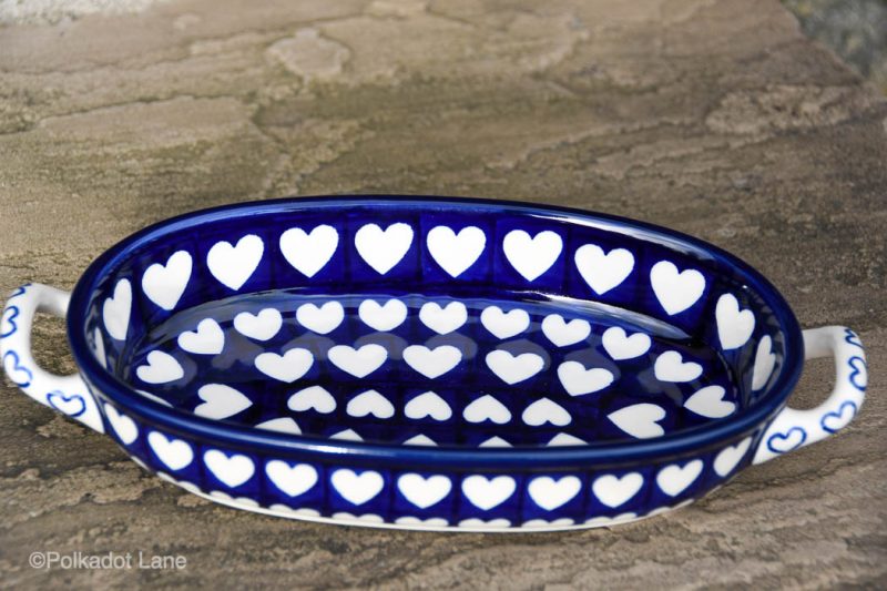 Small Serving Dish with Handles Hearts Pattern by Ceramika Artystyczna