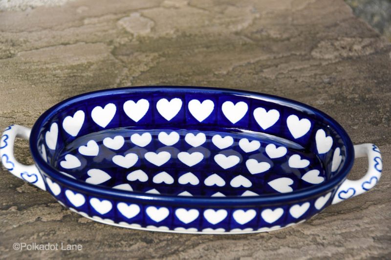 Small Oval Serving Dish with Handles Hearts Pattern by Ceramika Artystyczna