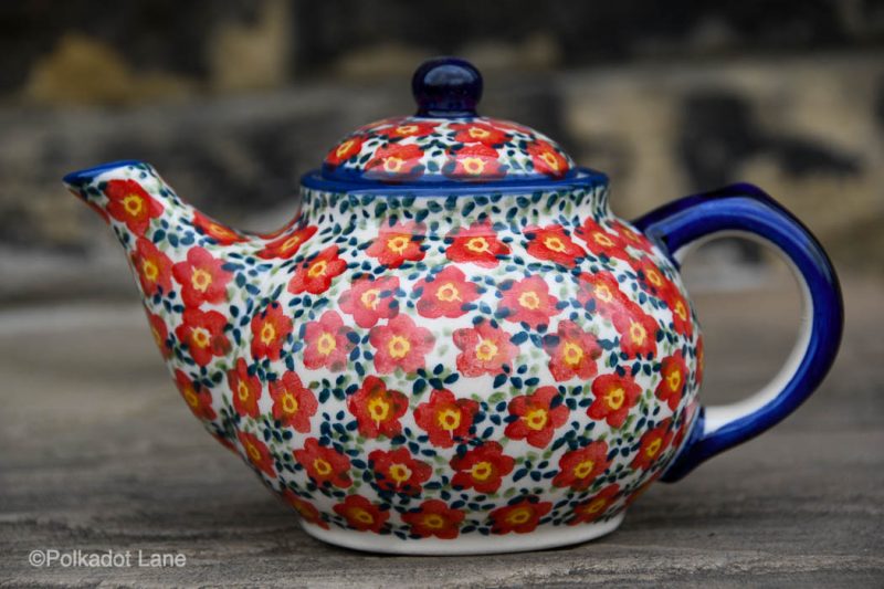 Polish Pottery Small Teapot Ditzy Red Flower by Ceramika Artystyczna