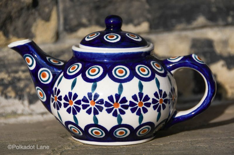 Polish Pottery Small Teapot for One Peacock Daisy Pattern by Ceramika Manufaktura