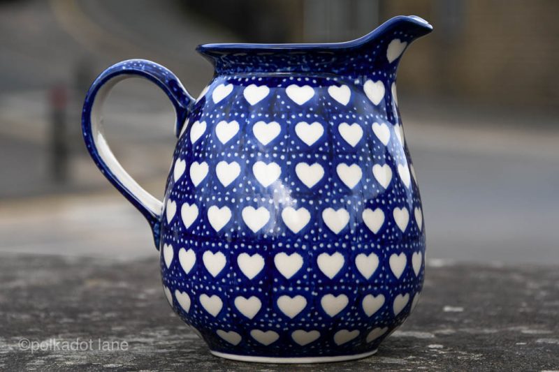 Polish pottery One LitreJug White Hearts Pattern by Ceramika Manufaktura